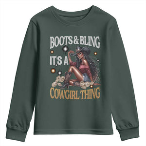 Melanin Cowgirl Youth Sweatshirt Boots & Bling It's A Cowgirl Thing Black History TS02 Dark Forest Green Print Your Wear