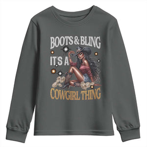 Melanin Cowgirl Youth Sweatshirt Boots & Bling It's A Cowgirl Thing Black History TS02 Dark Heather Print Your Wear