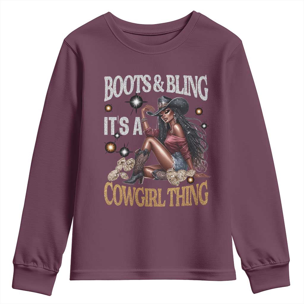 Melanin Cowgirl Youth Sweatshirt Boots & Bling It's A Cowgirl Thing Black History TS02 Maroon Print Your Wear