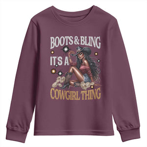 Melanin Cowgirl Youth Sweatshirt Boots & Bling It's A Cowgirl Thing Black History TS02 Maroon Print Your Wear