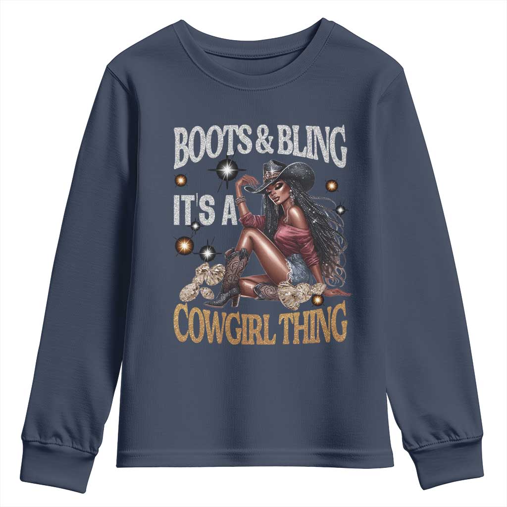 Melanin Cowgirl Youth Sweatshirt Boots & Bling It's A Cowgirl Thing Black History TS02 Navy Print Your Wear