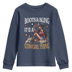 Melanin Cowgirl Youth Sweatshirt Boots & Bling It's A Cowgirl Thing Black History TS02 Navy Print Your Wear
