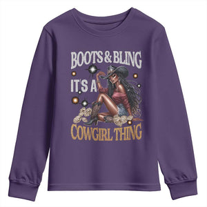 Melanin Cowgirl Youth Sweatshirt Boots & Bling It's A Cowgirl Thing Black History TS02 Purple Print Your Wear