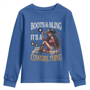 Melanin Cowgirl Youth Sweatshirt Boots & Bling It's A Cowgirl Thing Black History TS02 Royal Blue Print Your Wear