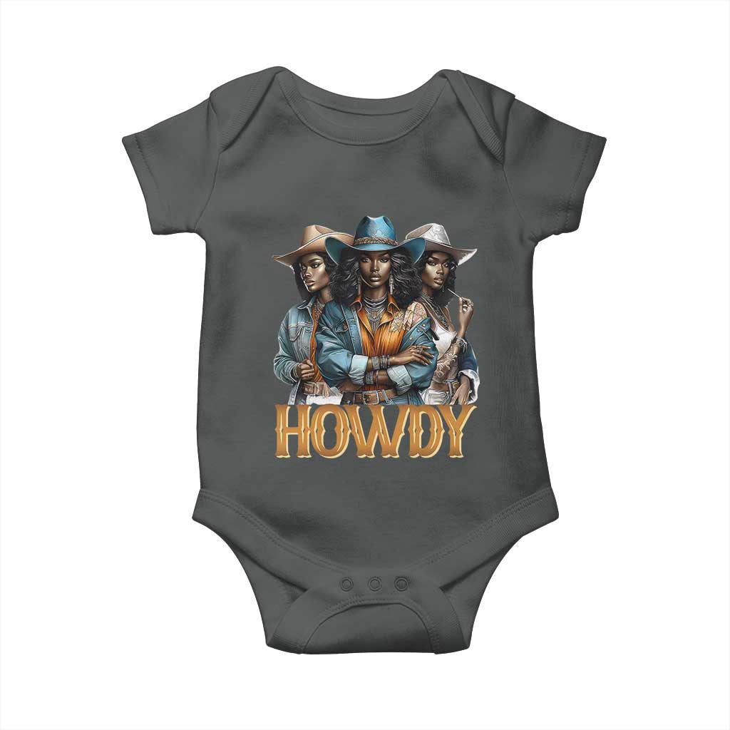 Howdy Melanin Cowgirl Baby Onesie Retro Western Rodeo African American Women Black History TS02 Dark Heather Print Your Wear