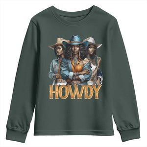 Howdy Melanin Cowgirl Youth Sweatshirt Retro Western Rodeo African American Women Black History TS02 Dark Forest Green Print Your Wear