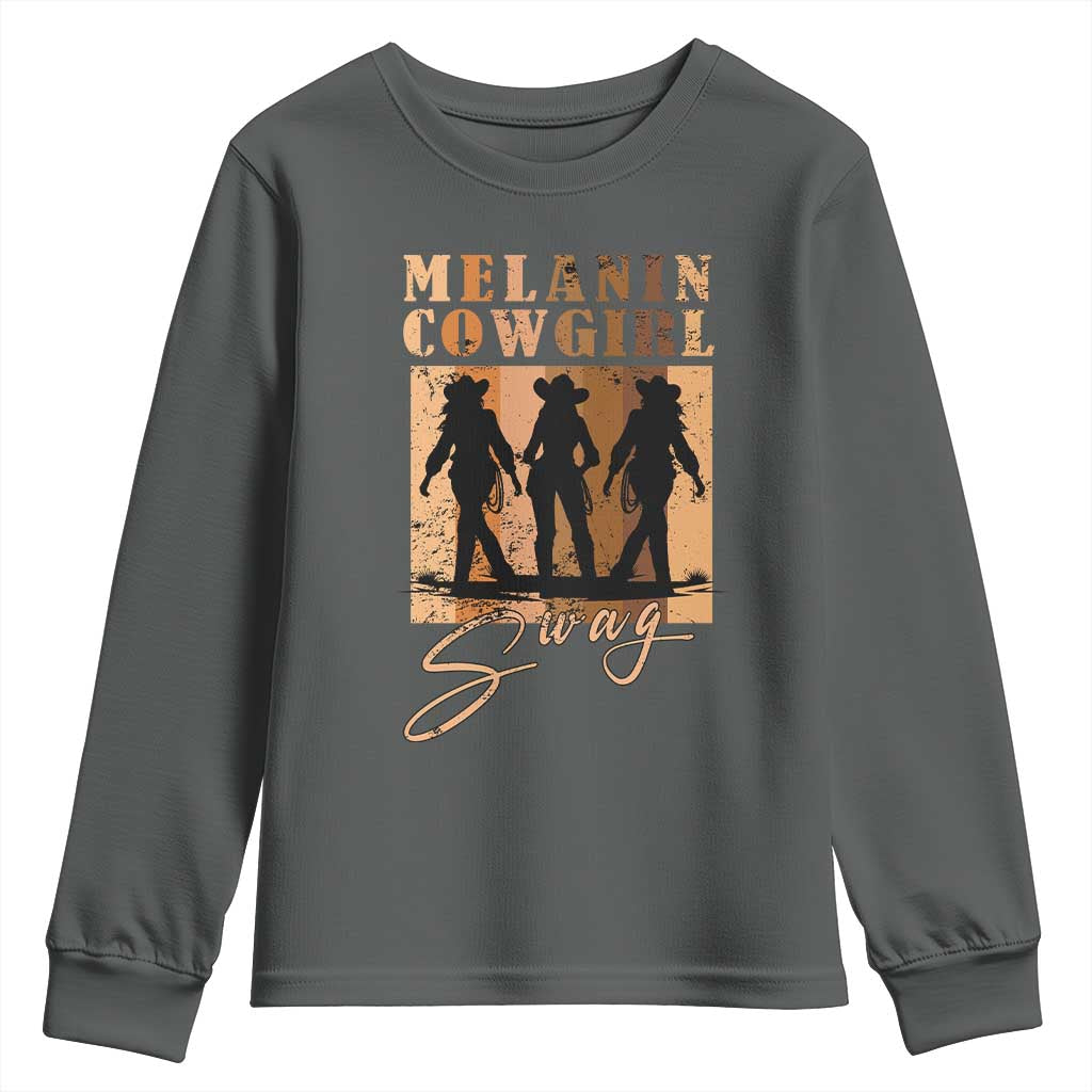 Melanin Cowgirl Swag Youth Sweatshirt African American Cowgirls Black History Pride Retro TS02 Dark Heather Print Your Wear