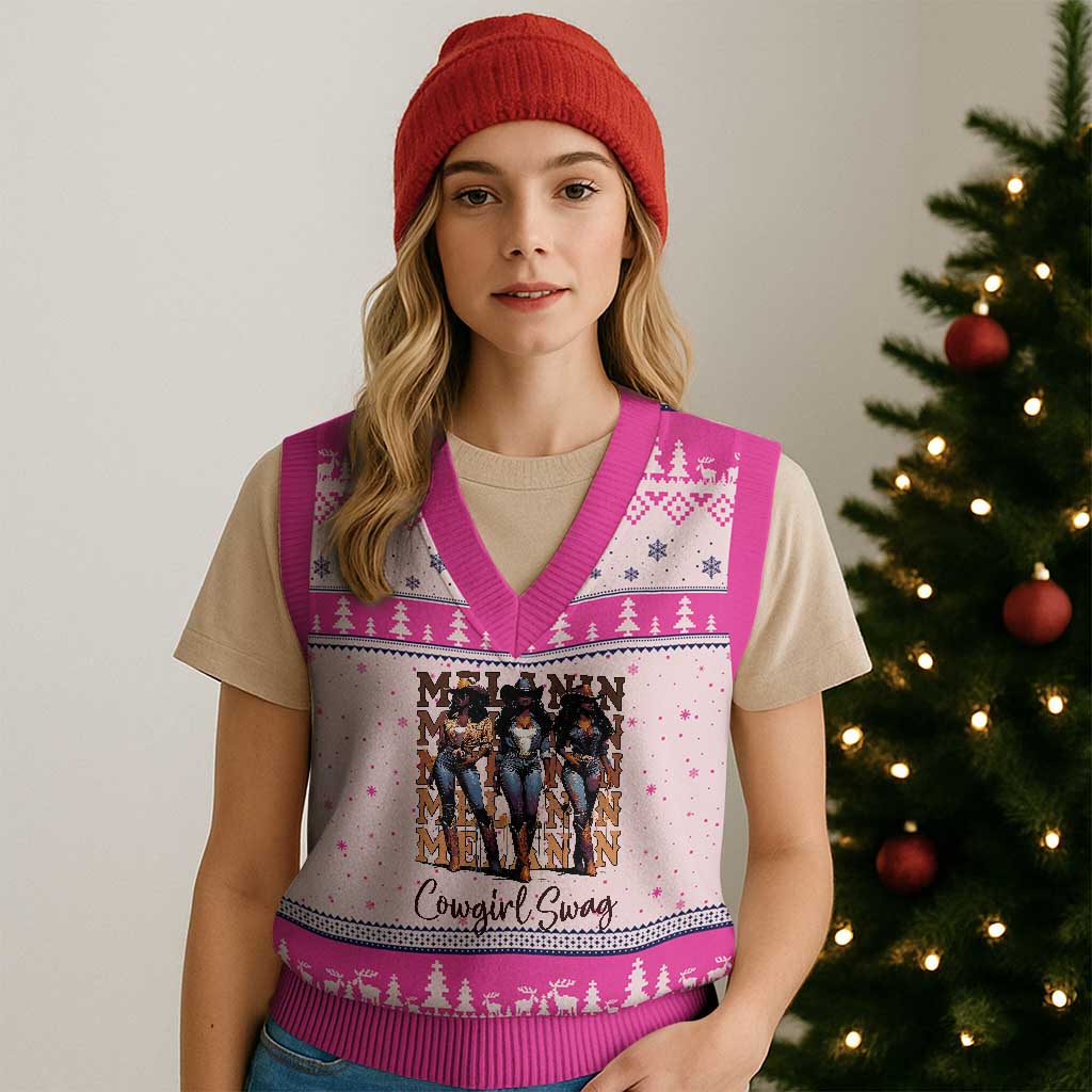Melanin Cowgirl Swag V-Neck Knit Sweater Vest African American Cowgirls Black History Pride TS02 Hot Pink Print Your Wear