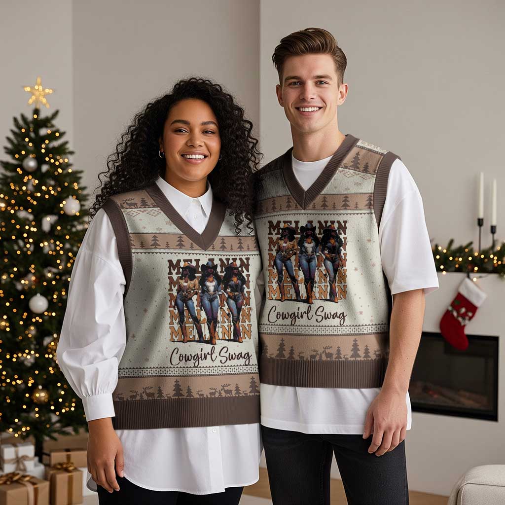 Melanin Cowgirl Swag V-Neck Knit Sweater Vest African American Cowgirls Black History Pride TS02 Mocha Mousse Print Your Wear