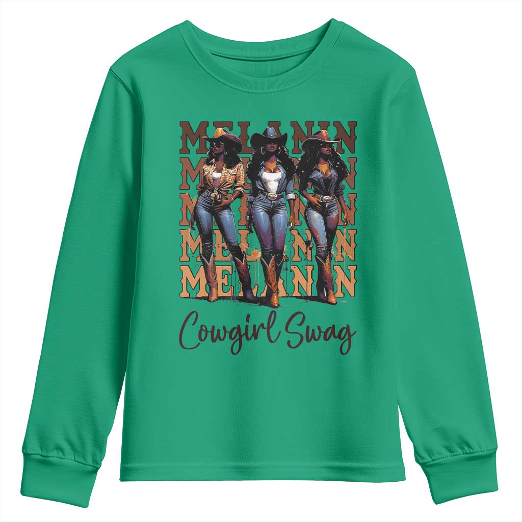 Melanin Cowgirl Swag Youth Sweatshirt African American Cowgirls Black History Pride TS02 Irish Green Print Your Wear