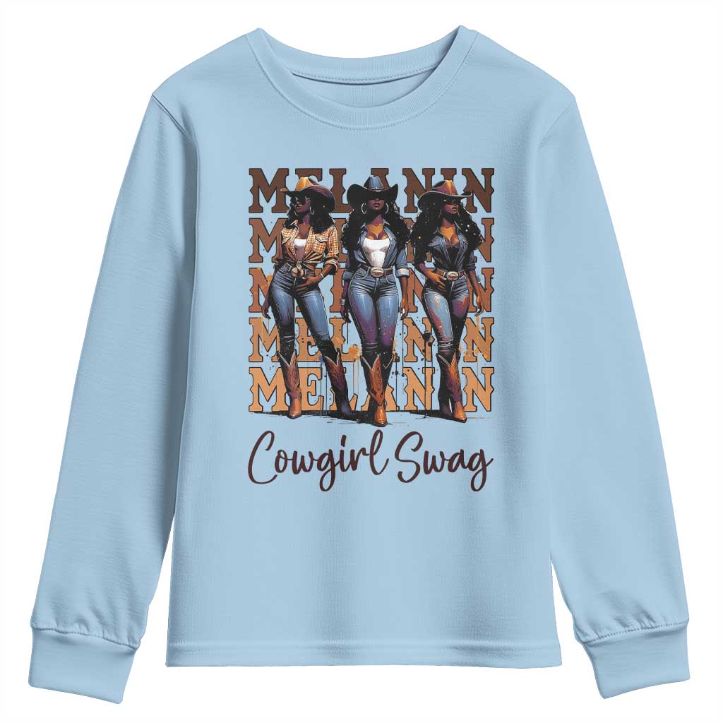 Melanin Cowgirl Swag Youth Sweatshirt African American Cowgirls Black History Pride TS02 Light Blue Print Your Wear