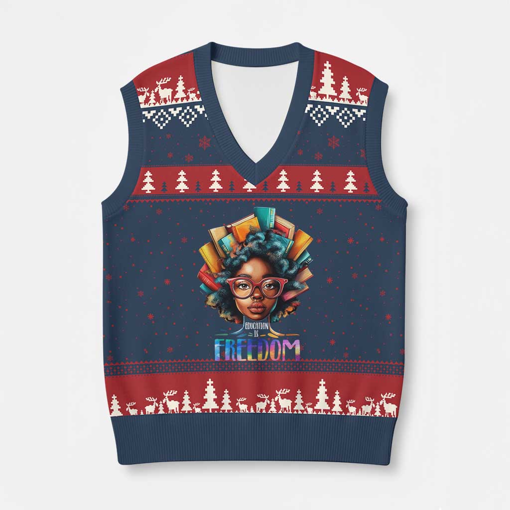 Black History Education Is Freedom V-Neck Knit Sweater Vest Black Teacher Books TS02 Navy Red Print Your Wear