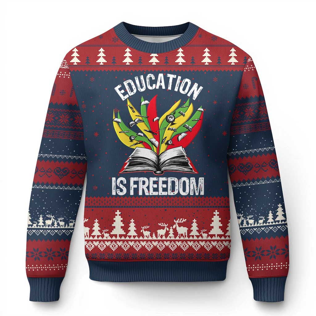 Education Is Freedom Ugly Christmas Sweater Teaching Black History Month Books TS02 Navy Red Print Your Wear