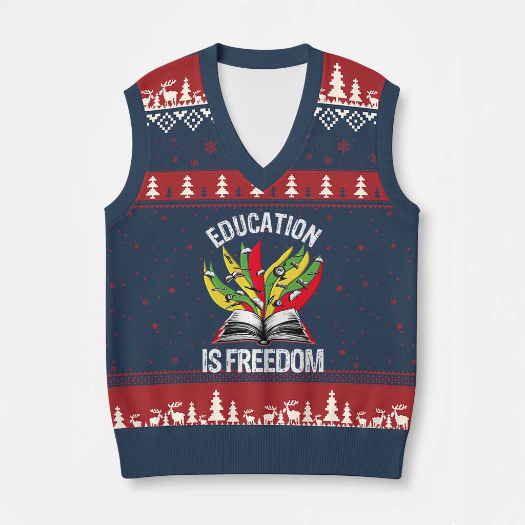 Education Is Freedom V-Neck Knit Sweater Vest Teaching Black History Month Books TS02 Navy Red Print Your Wear