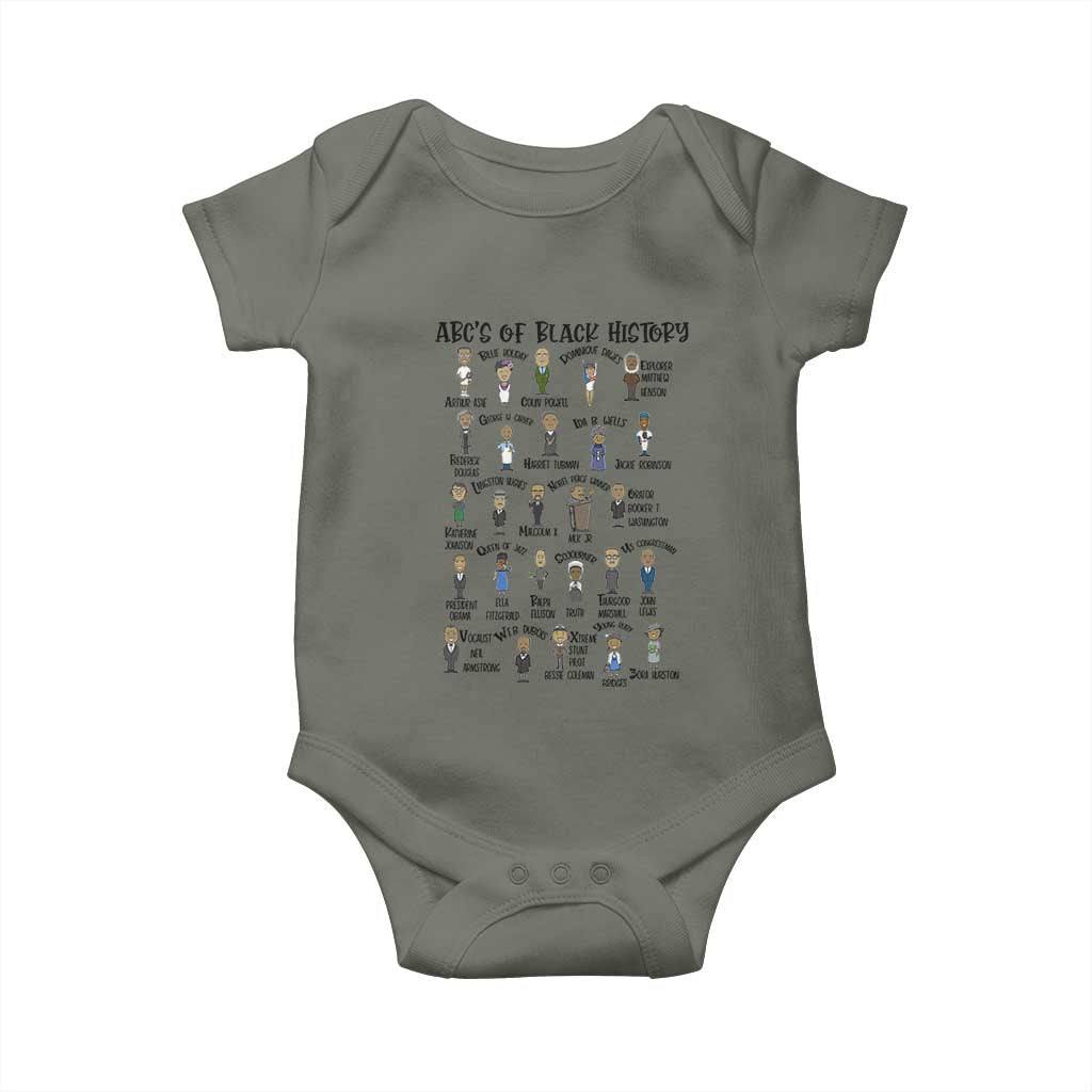 ABCs of Black History Month Baby Onesie Black Excellence Pride TS02 Military Green Print Your Wear