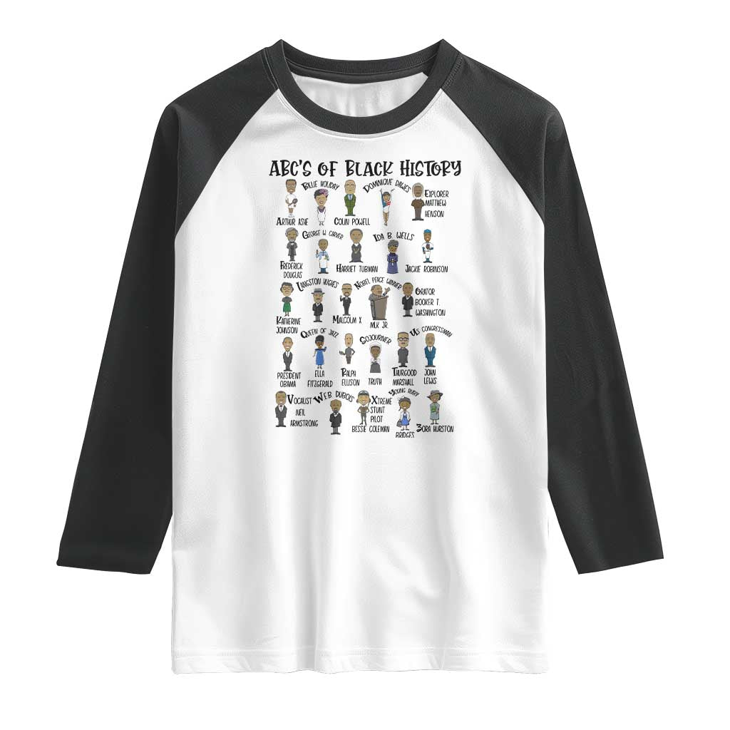 ABCs of Black History Month Raglan Shirt Black Excellence Pride TS02 White Black Print Your Wear