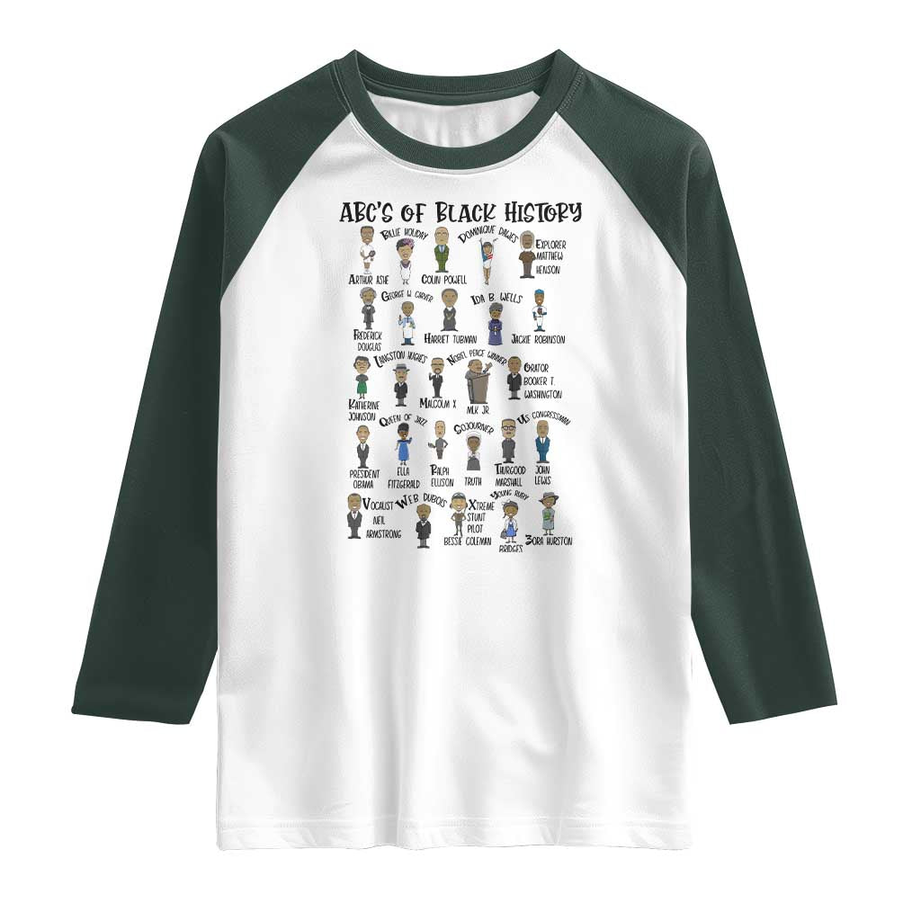 ABCs of Black History Month Raglan Shirt Black Excellence Pride TS02 White Dark Forest Green Print Your Wear