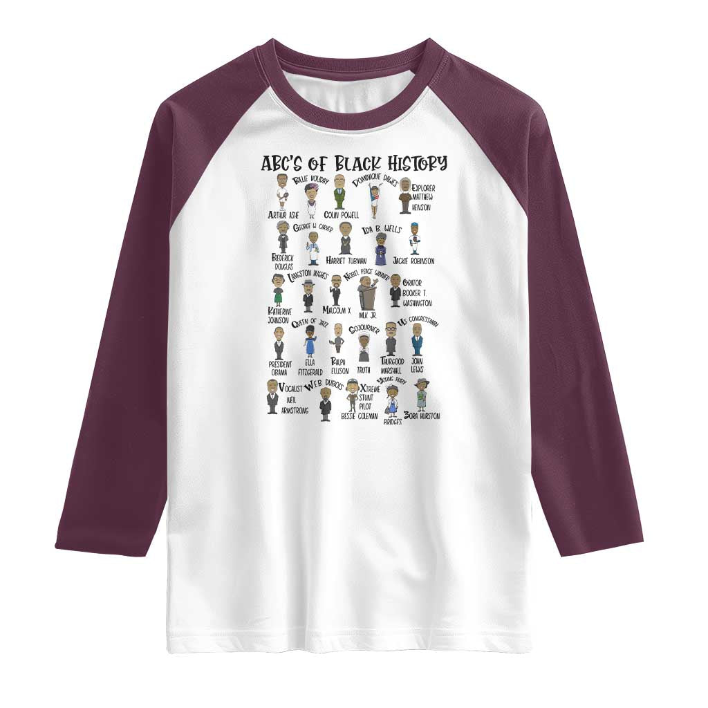 ABCs of Black History Month Raglan Shirt Black Excellence Pride TS02 White Maroon Print Your Wear