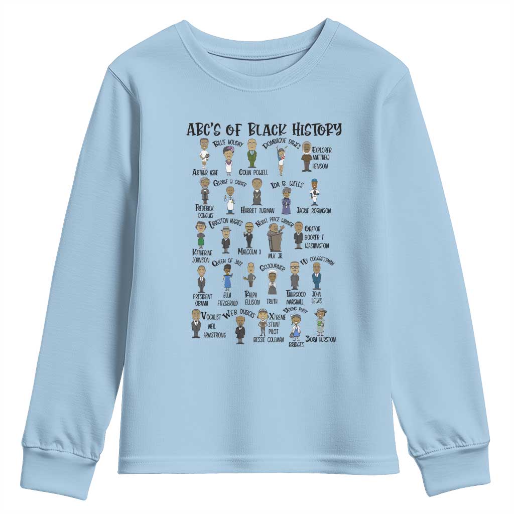 ABCs of Black History Month Youth Sweatshirt Black Excellence Pride TS02 Light Blue Print Your Wear