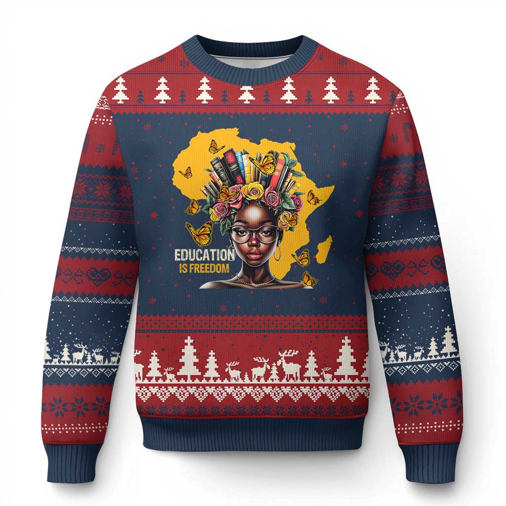 Education Is Freedom Ugly Christmas Sweater Black Teacher Books Black History Month TS02 Navy Red Print Your Wear