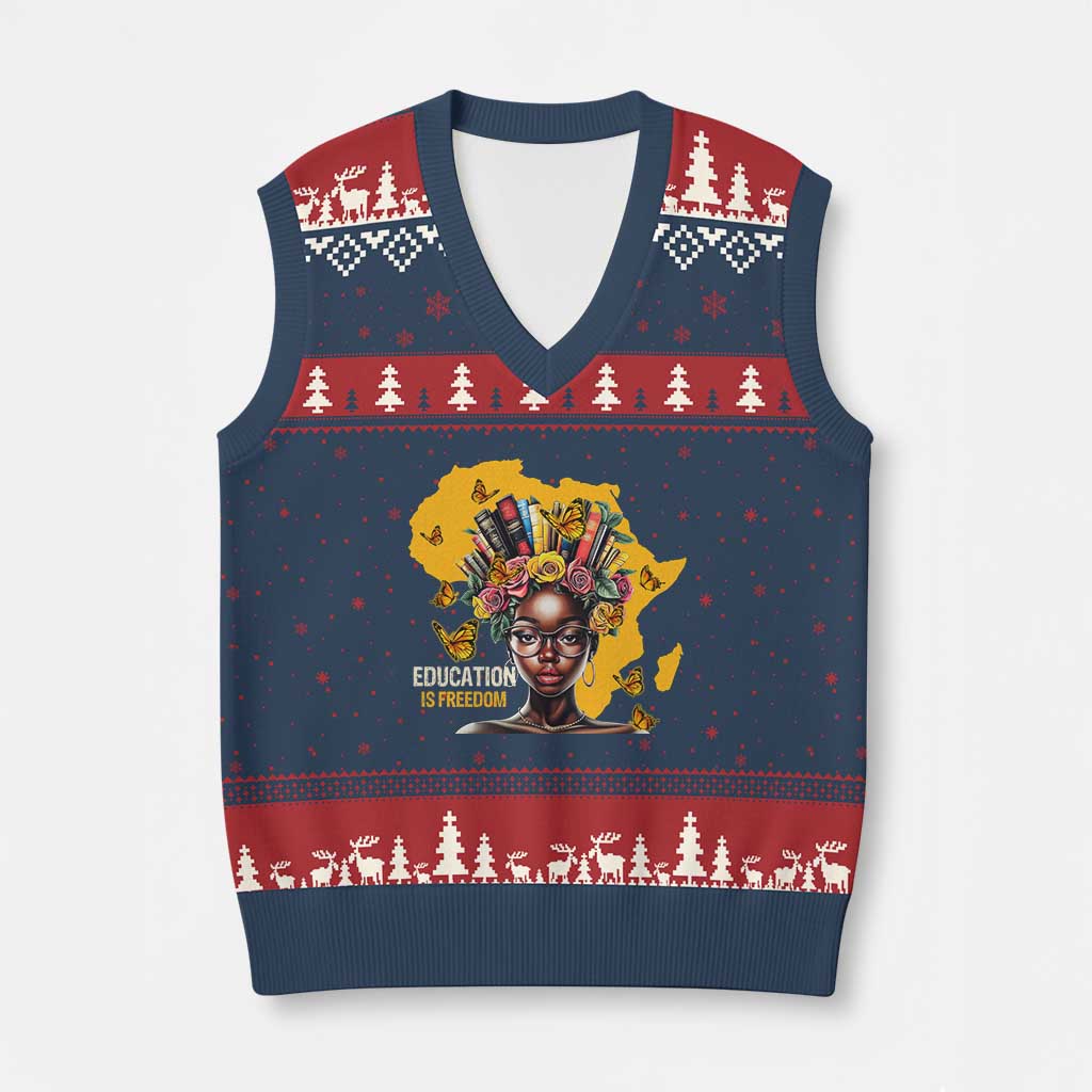 Education Is Freedom V-Neck Knit Sweater Vest Black Teacher Books Black History Month TS02 Navy Red Print Your Wear