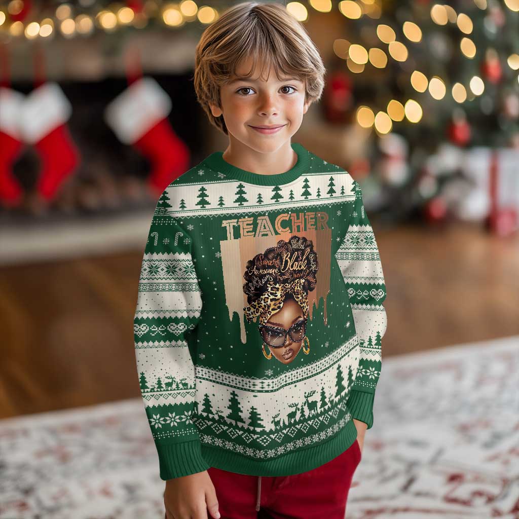 Black Teacher Magic Ugly Christmas Sweater Black History Month Afro Hair Melanin TS02 Forest Green Beige Print Your Wear