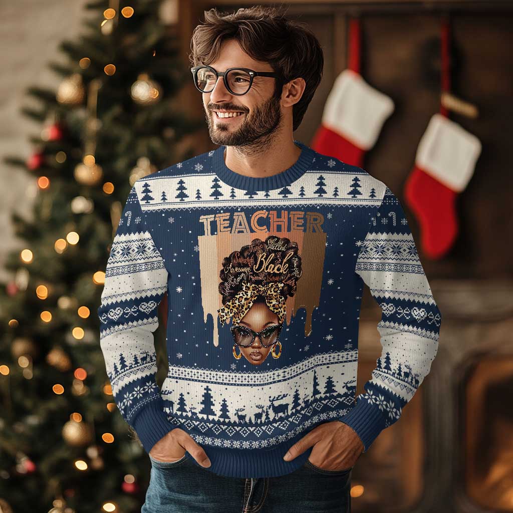 Black Teacher Magic Ugly Christmas Sweater Black History Month Afro Hair Melanin TS02 Navy Beige Print Your Wear