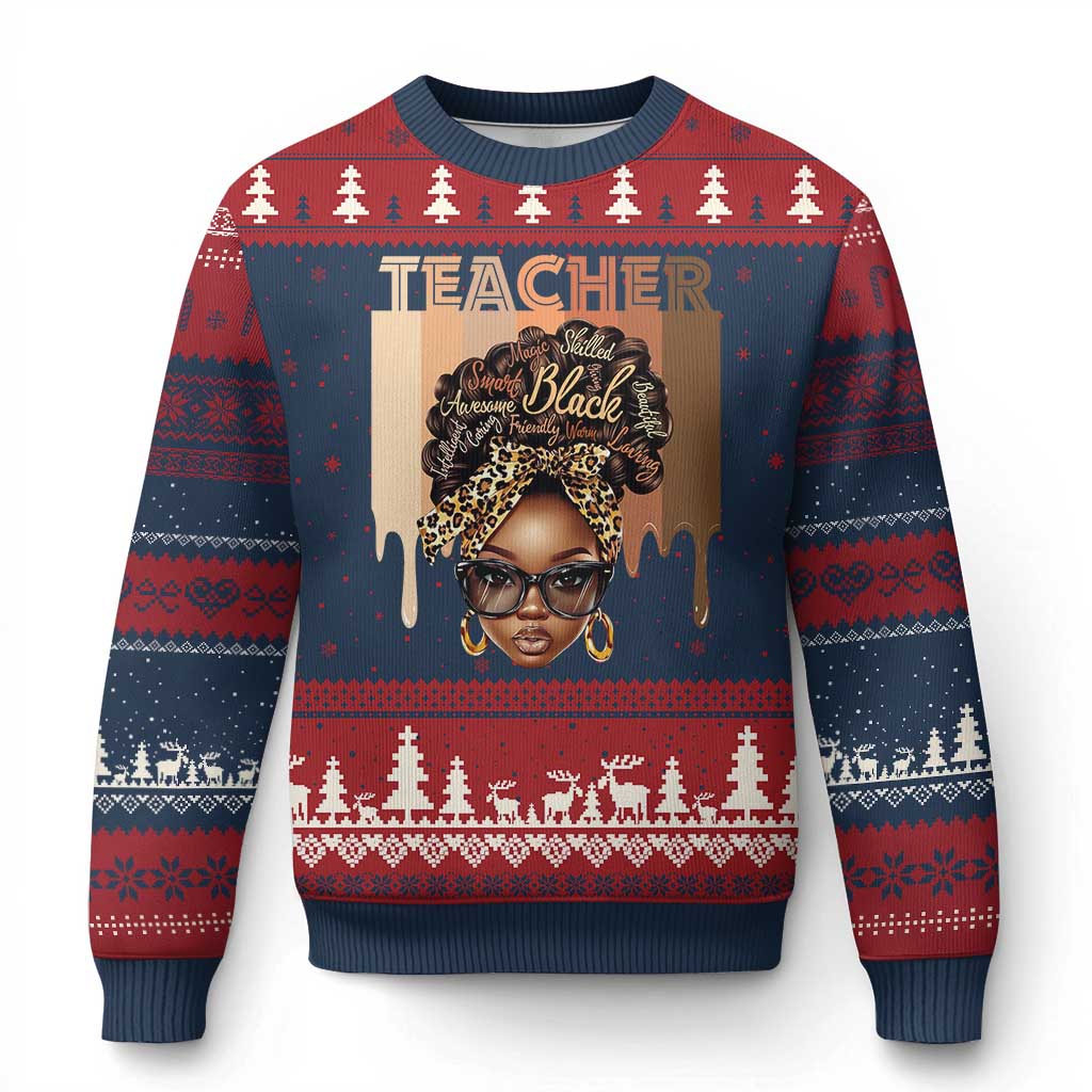 Black Teacher Magic Ugly Christmas Sweater Black History Month Afro Hair Melanin TS02 Navy Red Print Your Wear