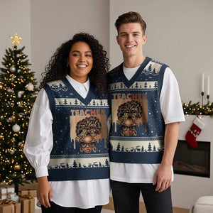 Black Teacher Magic V-Neck Knit Sweater Vest Black History Month Afro Hair Melanin TS02 Navy Beige Print Your Wear