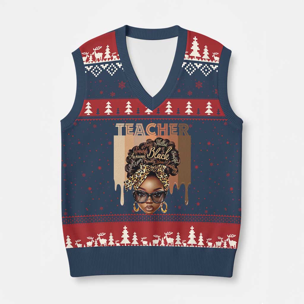 Black Teacher Magic V-Neck Knit Sweater Vest Black History Month Afro Hair Melanin TS02 Navy Red Print Your Wear