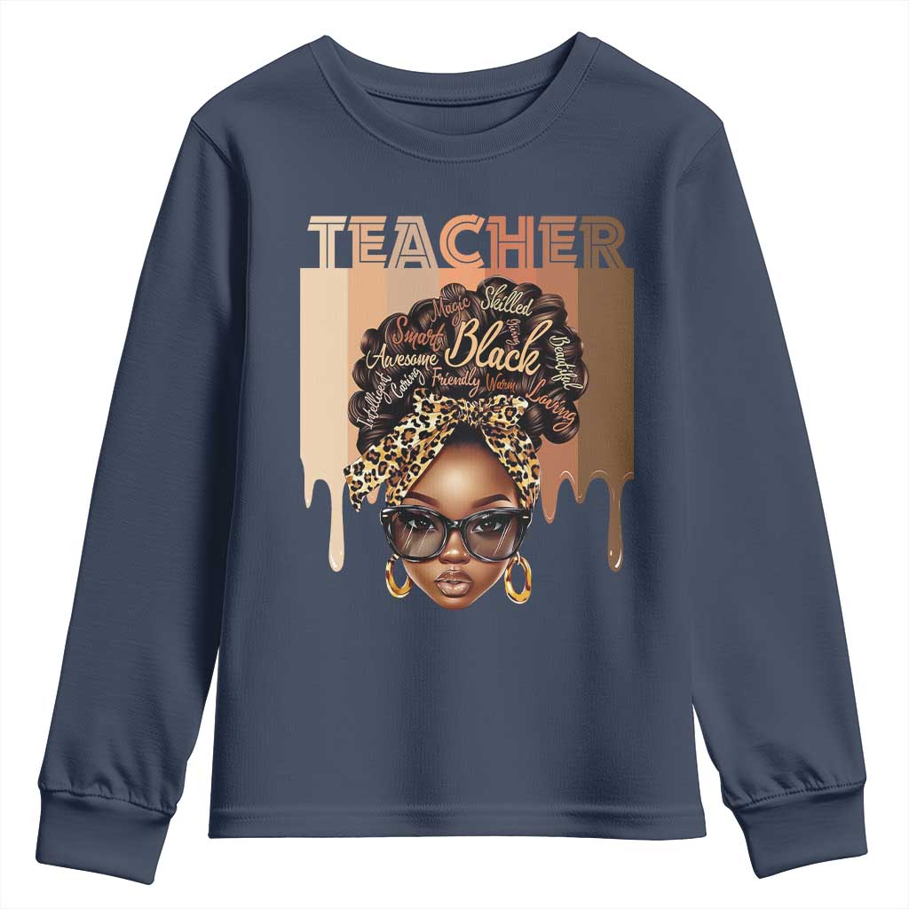 Black Teacher Magic Youth Sweatshirt Black History Month Afro Hair Melanin TS02 Navy Print Your Wear