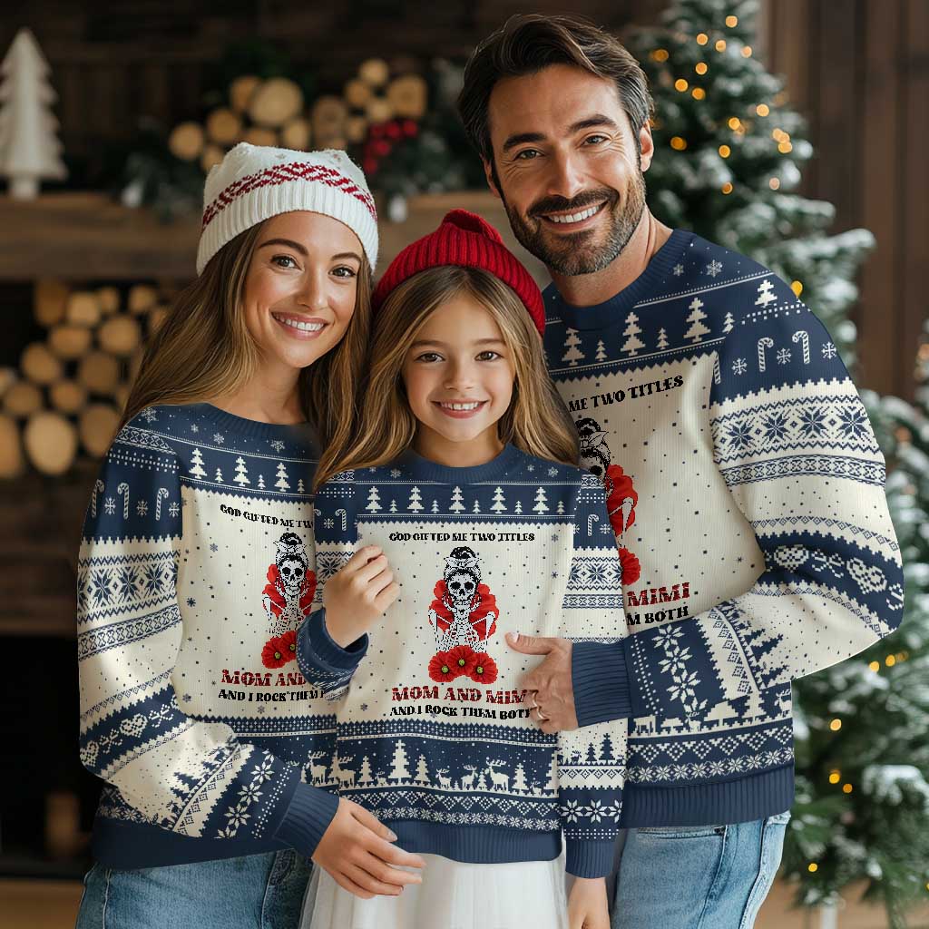 Funny Floral Skeleton Mom Ugly Christmas Sweater God Gifted Me Two Titles Mom And Mimi Messy Bun Mother's Day TS02 Beige Navy Print Your Wear