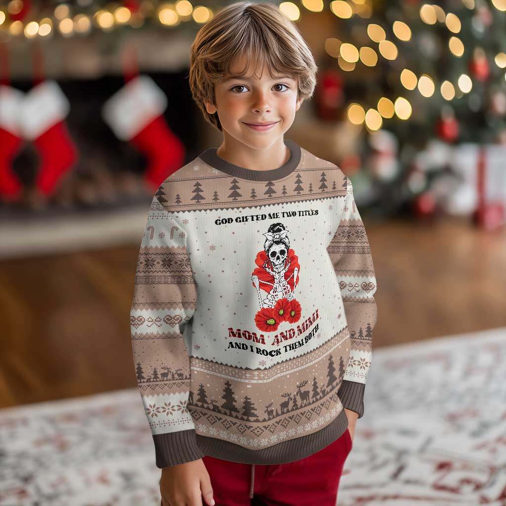Funny Floral Skeleton Mom Ugly Christmas Sweater God Gifted Me Two Titles Mom And Mimi Messy Bun Mother's Day TS02 Mocha Mousse Print Your Wear