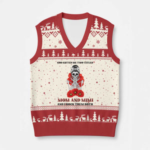 Funny Floral Skeleton Mom V-Neck Knit Sweater Vest God Gifted Me Two Titles Mom And Mimi Messy Bun Mother's Day TS02 Beige Red Print Your Wear