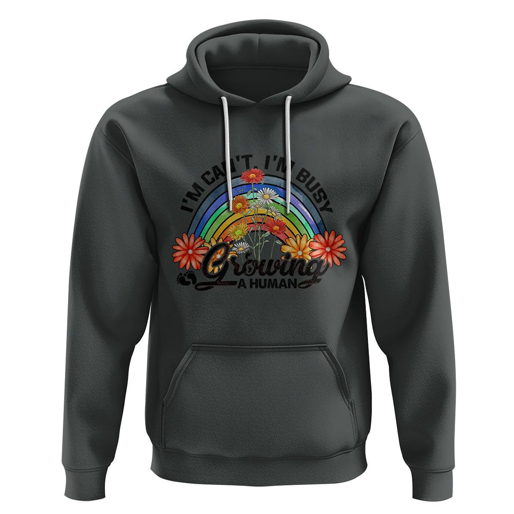 First Mother's Day Hoodie I Can't I'm Busy Growing A Human New Mom Retro Rainbow TS02 Dark Heather Printyourwear