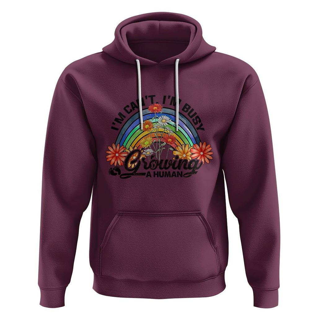 First Mother's Day Hoodie I Can't I'm Busy Growing A Human New Mom Retro Rainbow TS02 Maroon Printyourwear