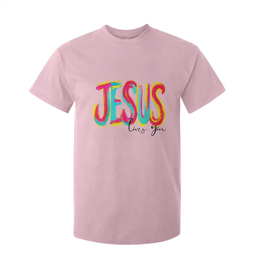 Jesus Loves You Colorful Brush Stroke Christian T Shirt For Kid Faith Inspirational Religious Gift for Believers TS02 Light Pink Print Your Wear