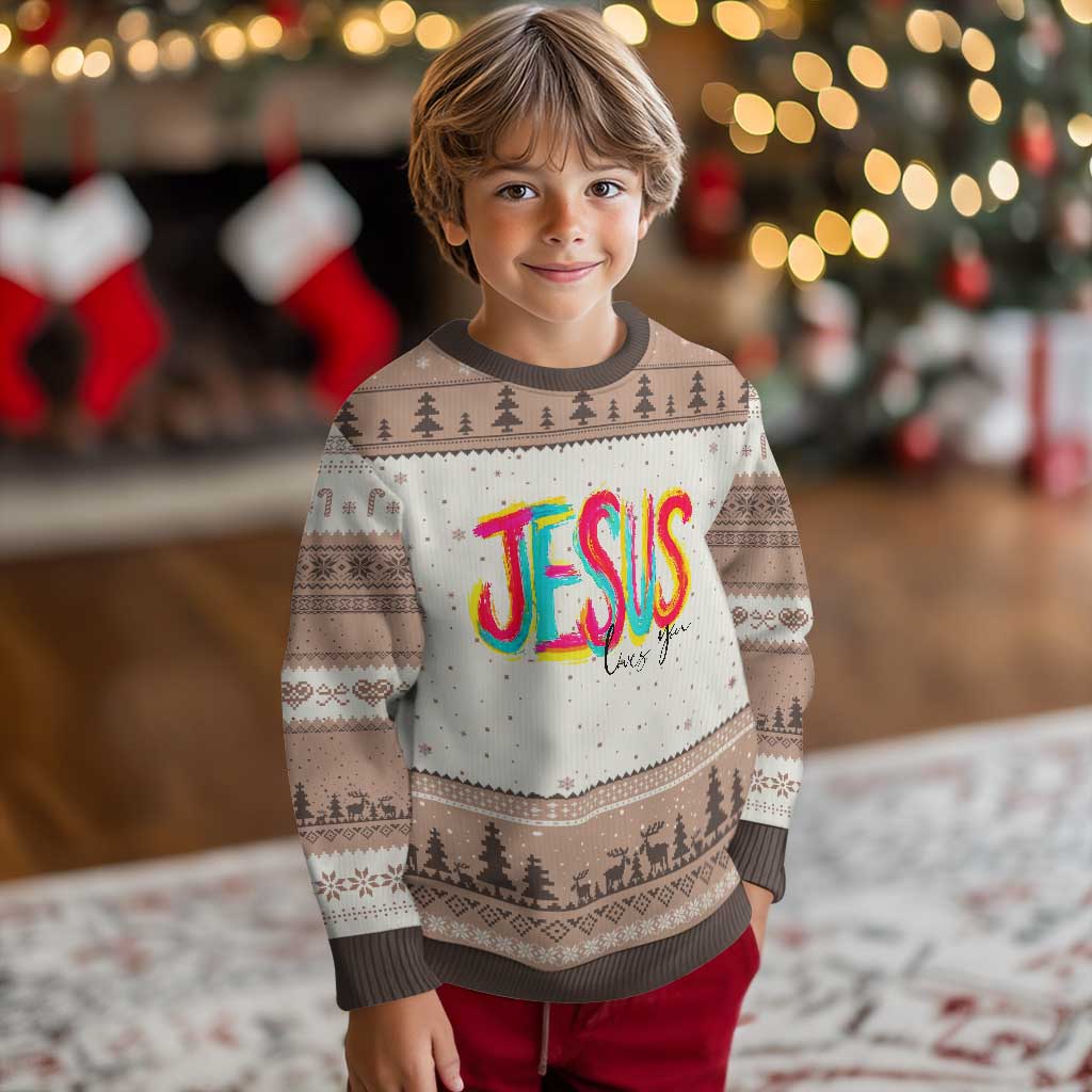 Jesus Loves You Colorful Brush Stroke Christian Ugly Christmas Sweater Faith Inspirational Religious Gift for Believers TS02 Mocha Mousse Print Your Wear