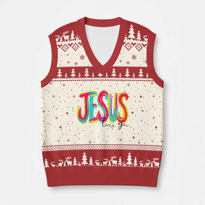 Jesus Loves You Colorful Brush Stroke Christian V-Neck Knit Sweater Vest Faith Inspirational Religious Gift for Believers TS02 Beige Red Print Your Wear