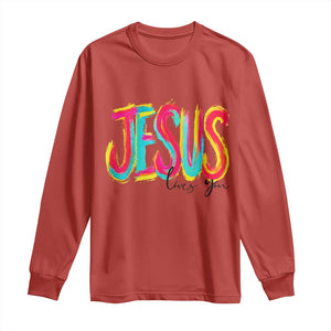 Jesus Loves You Colorful Brush Stroke Christian Long Sleeve Shirt Faith Inspirational Religious Gift for Believers TS02 Red Print Your Wear