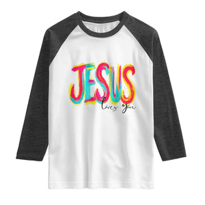 Jesus Loves You Colorful Brush Stroke Christian Raglan Shirt Faith Inspirational Religious Gift for Believers TS02 White Heather Charcoal Print Your Wear