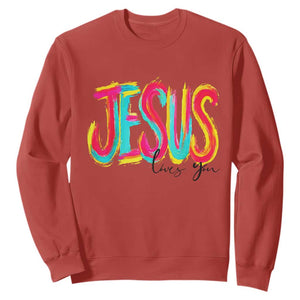 Jesus Loves You Colorful Brush Stroke Christian Sweatshirt Faith Inspirational Religious Gift for Believers TS02 Red Print Your Wear