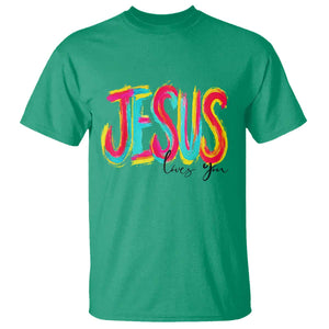 Jesus Loves You Colorful Brush Stroke Christian T Shirt Faith Inspirational Religious Gift for Believers TS02 Irish Green Print Your Wear