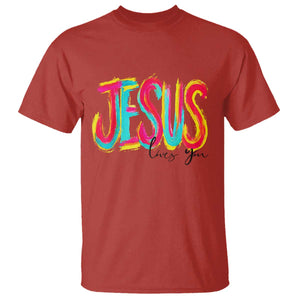 Jesus Loves You Colorful Brush Stroke Christian T Shirt Faith Inspirational Religious Gift for Believers TS02 Red Print Your Wear