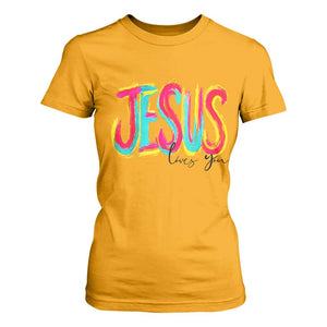 Jesus Loves You Colorful Brush Stroke Christian T Shirt For Women Faith Inspirational Religious Gift for Believers TS02 Gold Print Your Wear