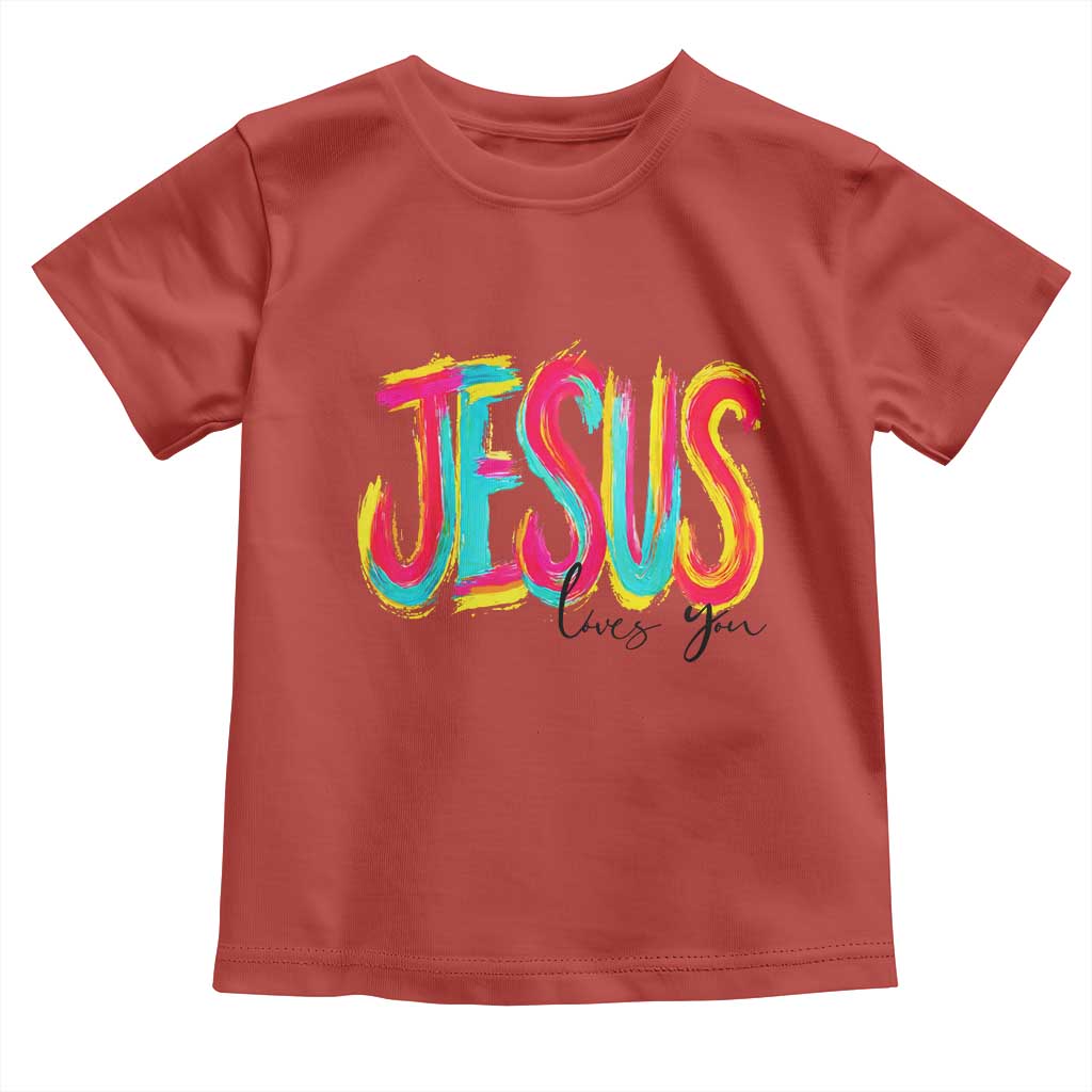 Jesus Loves You Colorful Brush Stroke Christian Toddler T Shirt Faith Inspirational Religious Gift for Believers TS02 Red Print Your Wear