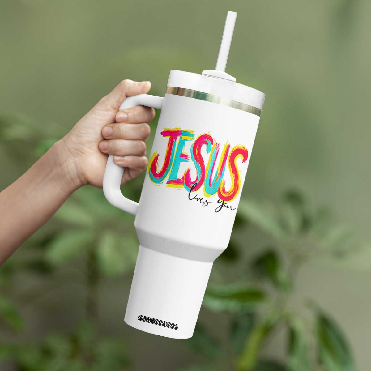 Jesus Loves You Colorful Brush Stroke Christian Tumbler With Handle Faith Inspirational Religious Gift for Believers TS02 Print Your Wear