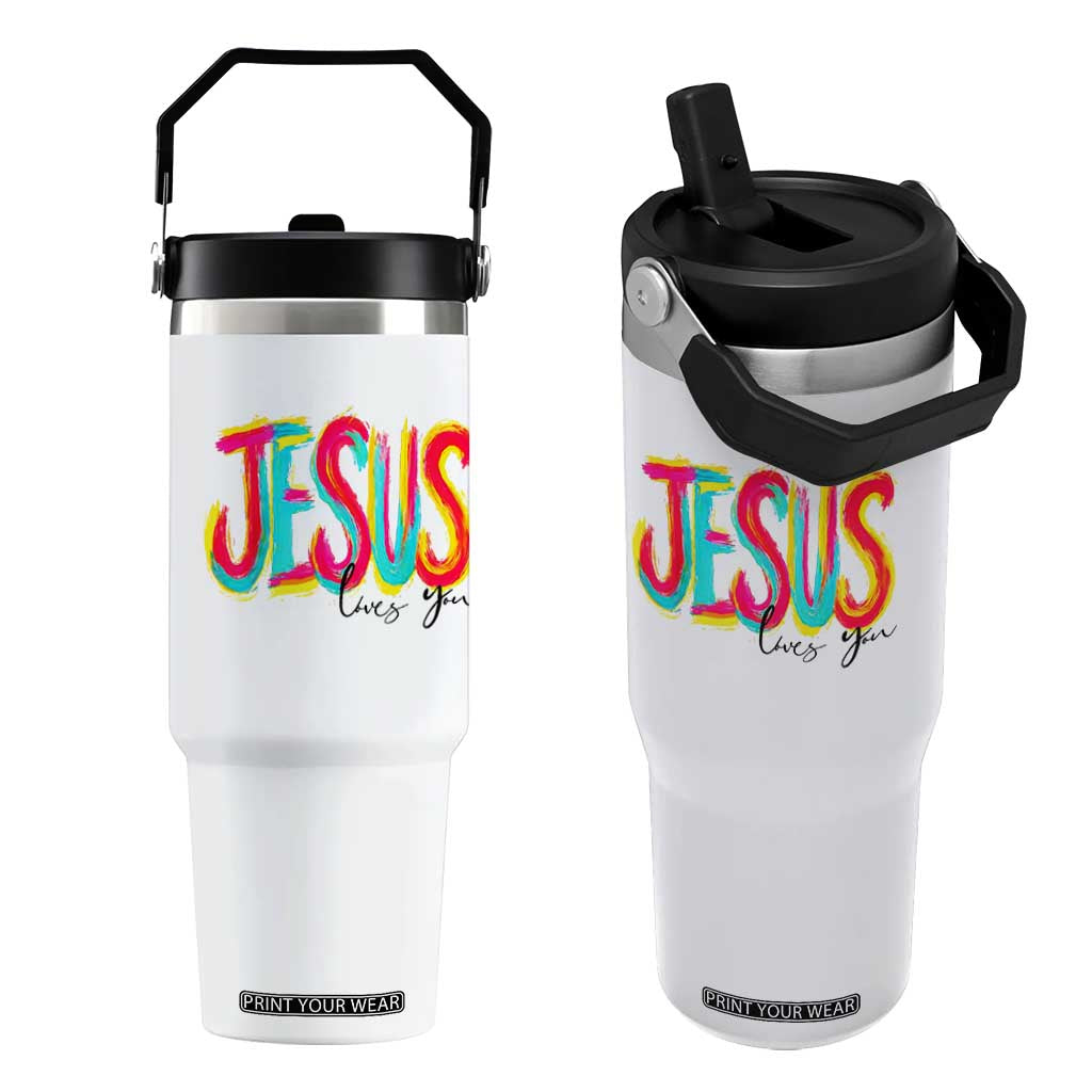 Jesus Loves You Colorful Brush Stroke Christian Flip Straw Tumbler Faith Inspirational Religious Gift for Believers TS02 One Size: 30 oz White Print Your Wear