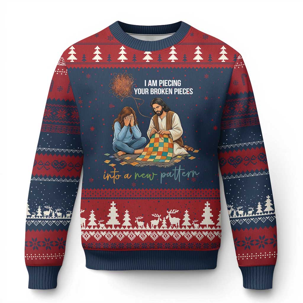 I Am Piecing Your Broken Pieces Christian Healing Ugly Christmas Sweater Jesus Comfort Faith Restoration Inspirational Gift TS02 Navy Red Print Your Wear