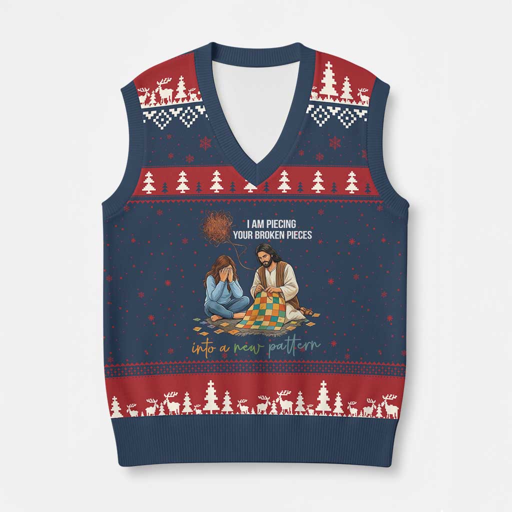I Am Piecing Your Broken Pieces Christian Healing V-Neck Knit Sweater Vest Jesus Comfort Faith Restoration Inspirational Gift TS02 Navy Red Print Your Wear